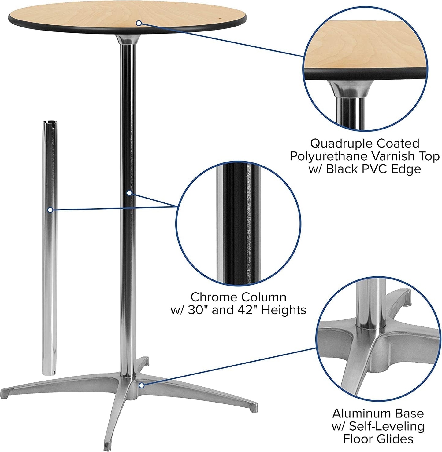 Lars 30'' round Wood Cocktail Table with 30'' and 42'' Columns, Adjustable Wood Bar Height Table for Events or Home Use, Natural