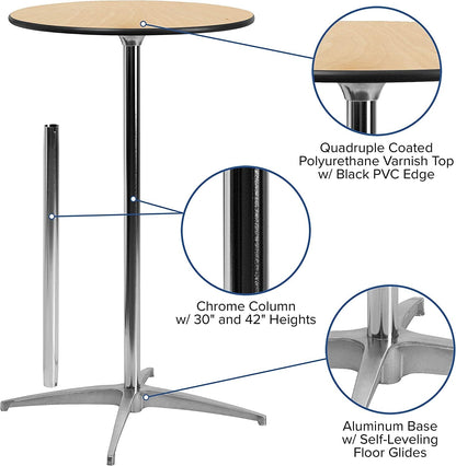 Lars 30'' round Wood Cocktail Table with 30'' and 42'' Columns, Adjustable Wood Bar Height Table for Events or Home Use, Natural