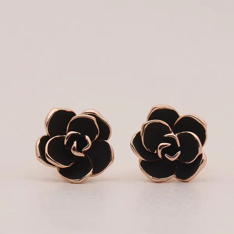 2PCS Women Gold Plated Black Rose Flower Clip on Earrings Non-pierced Jewelry