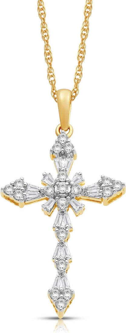 Cross Pendant Necklace in 10K White and Yellow Gold with 1/2 Cttw Natural White round and Baguette Diamonds 18" Rope Chain