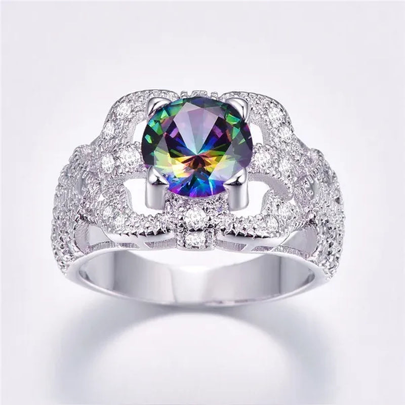 Round Cut Rainbow & Pink White Topaz Gemstone 100% 925 Sterling Silver Ring Size 6 7 8 9