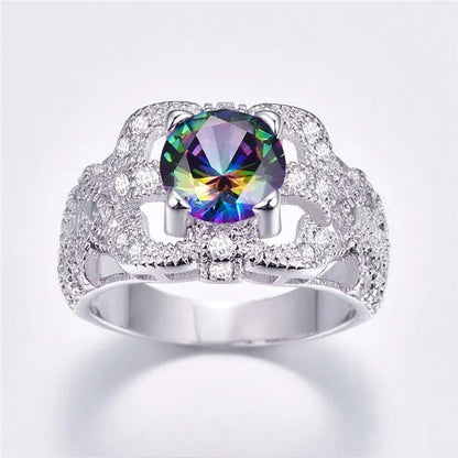 Round Cut Rainbow & Pink White Topaz Gemstone 100% 925 Sterling Silver Ring Size 6 7 8 9