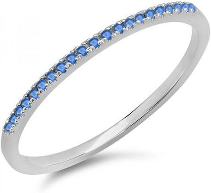 0.08 Cttw 10K round Blue Sapphire Womens Dainty Anniversary Wedding Stackable Ring, Solid White Gold - WORLD TIME VISITS