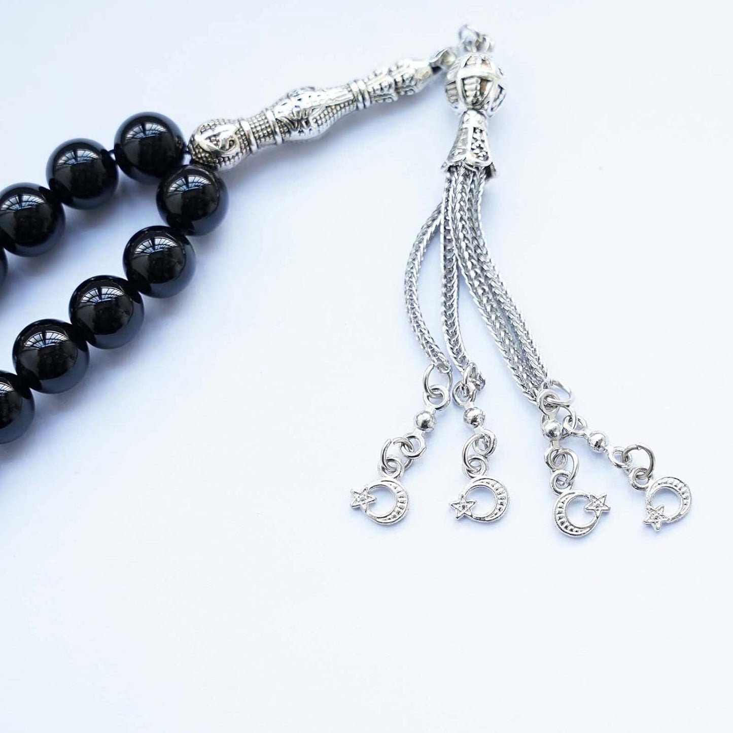 10Mm Tasbih Prayer Beads Natural Black Agate Stone Islamic Misbaha Prayer Rosary Beads Muslim Islam Misbaha Bracelet Moon Tasbeeh Sibha 33 Prayer Beads Hand Bracelets