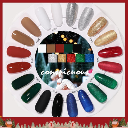 Christmas Day Gel Nail Polish Set - 10 Colors Gel Polish Set Red White Green Gold Silver Glitter Sparkle Gel Nail Kit Soak off Nail Art Manicure DIY Gifts for Women Classic