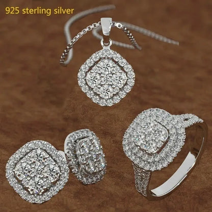 Beautiful Wedding Gift Set Classic Ladies Wedding Jewelry Set Earrings + Pendant Necklace + Ring Bridal Engagement Accessories Ring Size 5-11