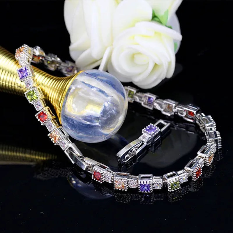Gloriya Fashion Silver Color Elegant Charm Bangle Jewelry for Prom Women Simple Trendy Green CZ Crystal Square Tennis Bracelets