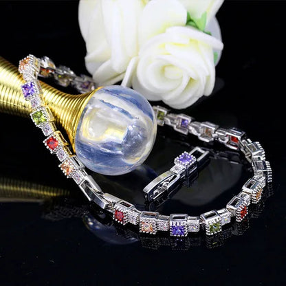Gloriya Fashion Silver Color Elegant Charm Bangle Jewelry for Prom Women Simple Trendy Green CZ Crystal Square Tennis Bracelets
