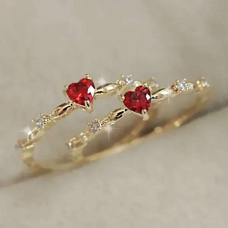 Bridal Wedding Thin Rings for Women Gold Lab Diamond Ruby Heart Rings Romantic Engagement Proposal Gift