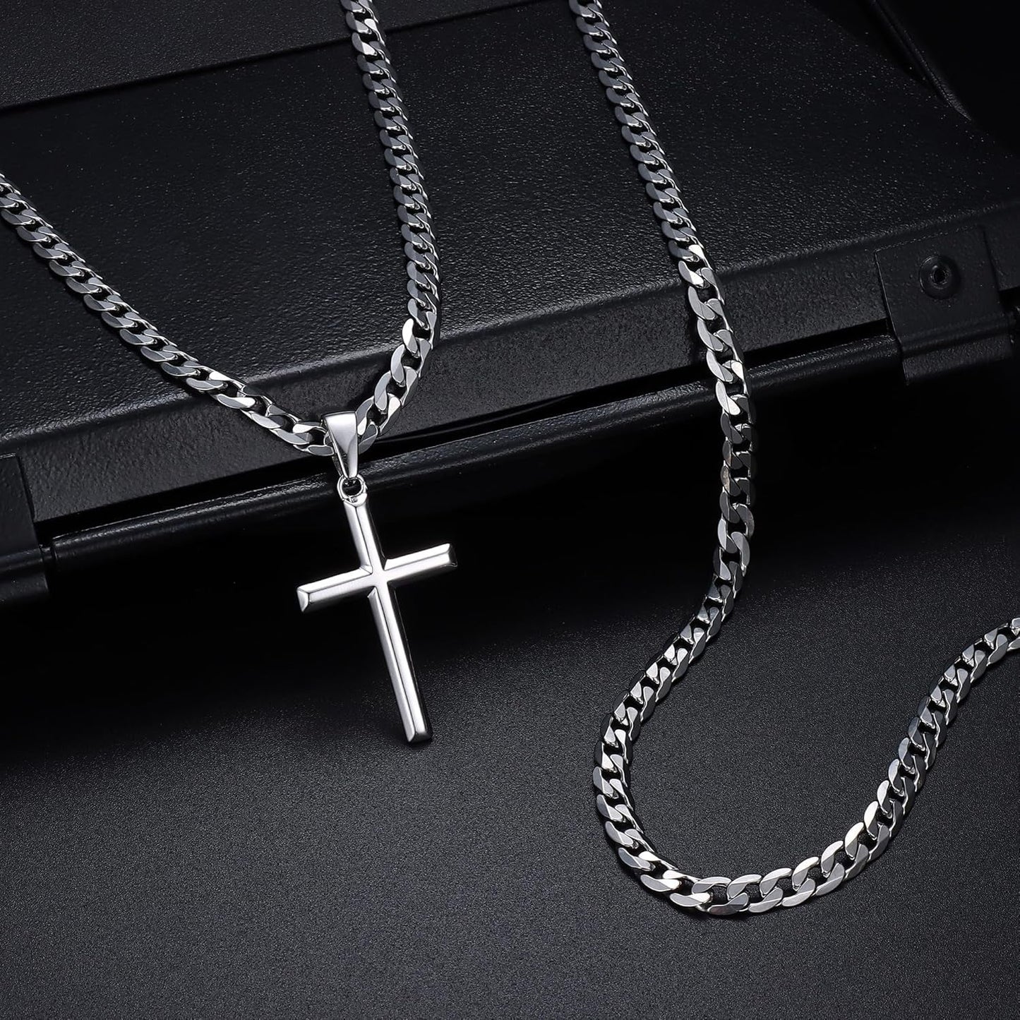 925 Sterling Silver Cross Necklace Beveled Edge for Men Women 5Mm Stainless Steel Non Tarnish Durable Cuban Link Curb Chain Crucifix Pendant Necklace Jewelry 16-30 Inches Christian Baptism Gifts