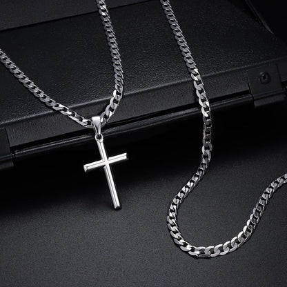 925 Sterling Silver Cross Necklace Beveled Edge for Men Women 5Mm Stainless Steel Non Tarnish Durable Cuban Link Curb Chain Crucifix Pendant Necklace Jewelry 16-30 Inches Christian Baptism Gifts