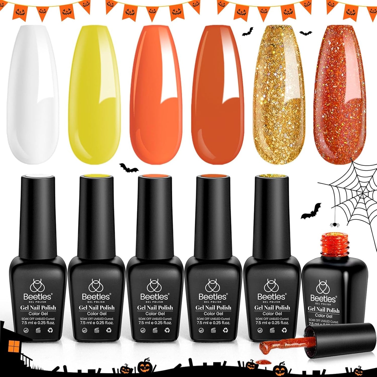 Beetles Orange Gel Nail Polish Set, 6 Colors Yellow White Gold Glitter Gel Nail Polish Kit Fall Winter Nail Gel Polish Soak off Uv LED Lamp Nail Art Design Manicure Gift for Women
