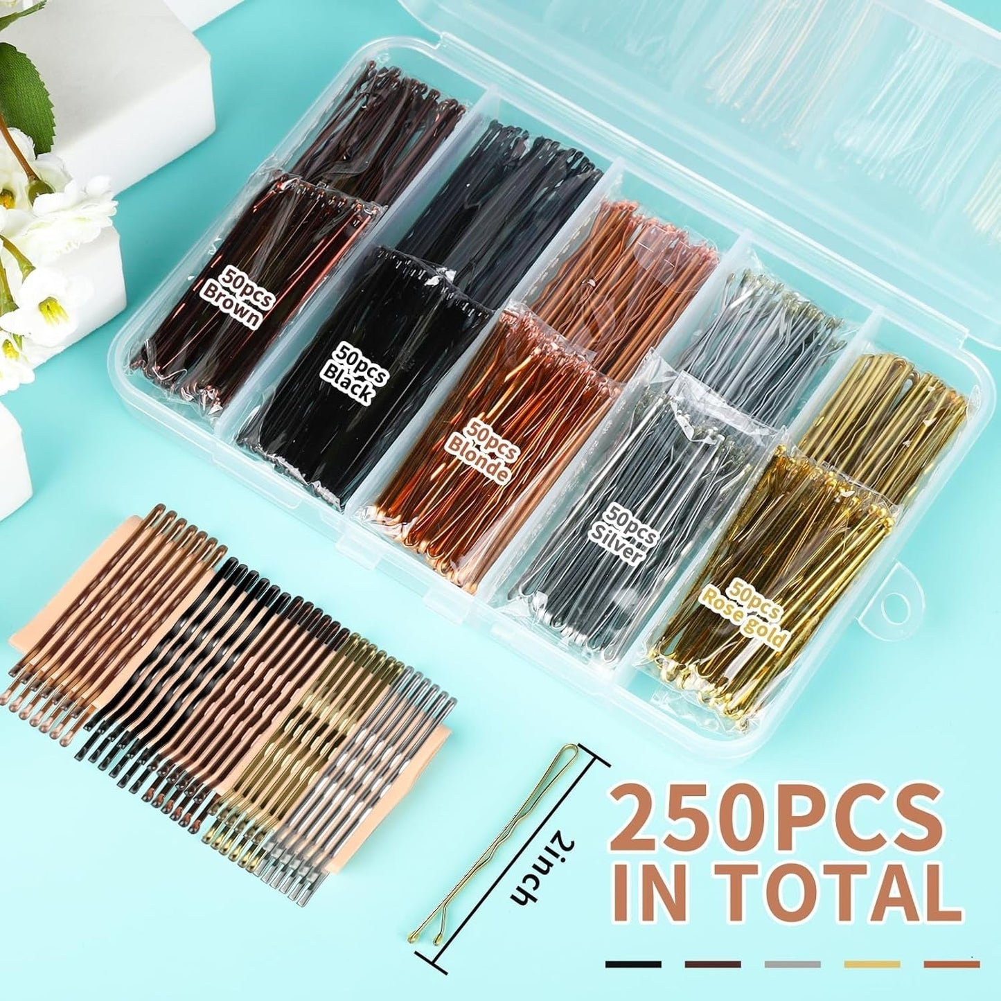 Bobby Pins, 250 Pcs 2Inch Bobby Pins Bulk for Women Girls, Silver, Black, Blonde, Brown - Secure Hold, Hair Pins with Storage Box, All Hair Types