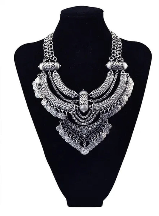 Vintage Silver Gold Chains Fine Jewelry Coins Tassel Choker Necklace Women Big F