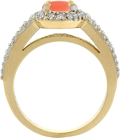 14K Yellow Gold Natural Coral Halo Ring Oval 8X6 Mm with Diamond Accents, Sizes 5-10