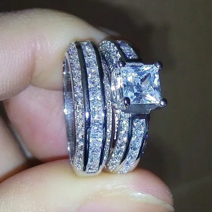2Pcs/Set Princess Luxury 925 Silver Plated Amethyst CZ Gemstones Wedding Set Rings Size 6-11  (Choice Color and Size )