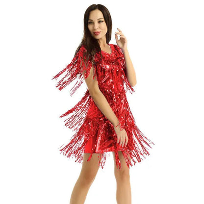 Womens V Neck Sleeveless Sparkling Sequin Tassels Ballroom Samba Tango Latin Dance Dress Stage Performance Costumes