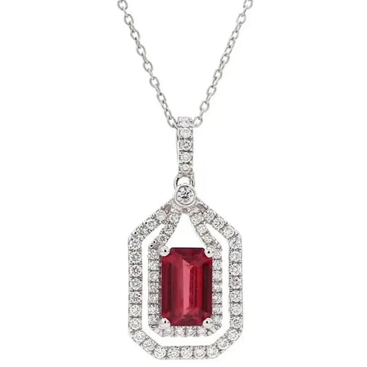 Fashion Jewelry Gemstone Erectangle Ruby 925 Sterling Silver Diamonds Pendant Necklace - WORLD TIME VISITS