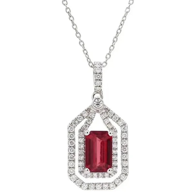 Fashion Jewelry Gemstone Erectangle Ruby 925 Sterling Silver Diamonds Pendant Necklace