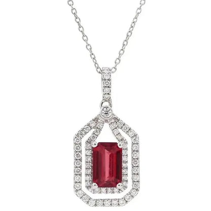 Fashion Jewelry Gemstone Erectangle Ruby 925 Sterling Silver Diamonds Pendant Necklace