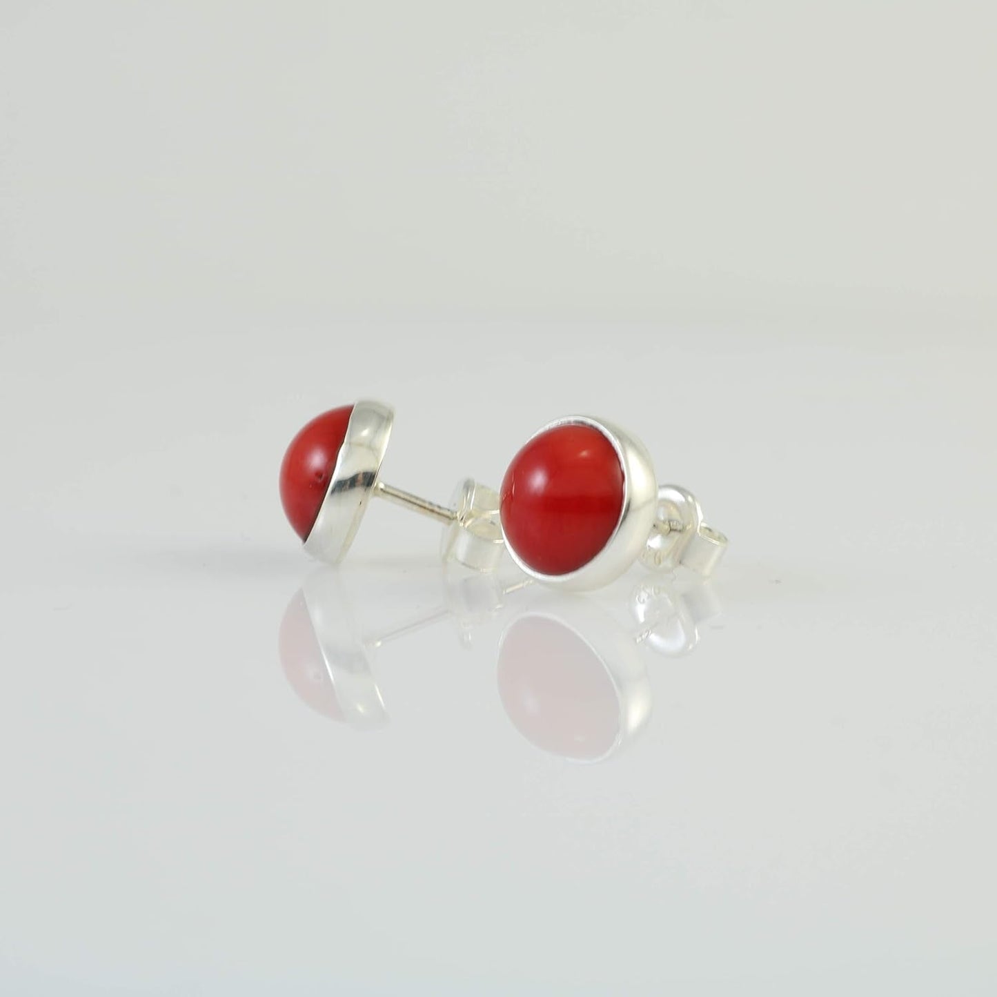 Sterling Silver 925 round 9.8Mm Natural Red Coral Tiny Handmade Stud Earrings for Women