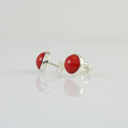 Sterling Silver 925 round 9.8Mm Natural Red Coral Tiny Handmade Stud Earrings for Women