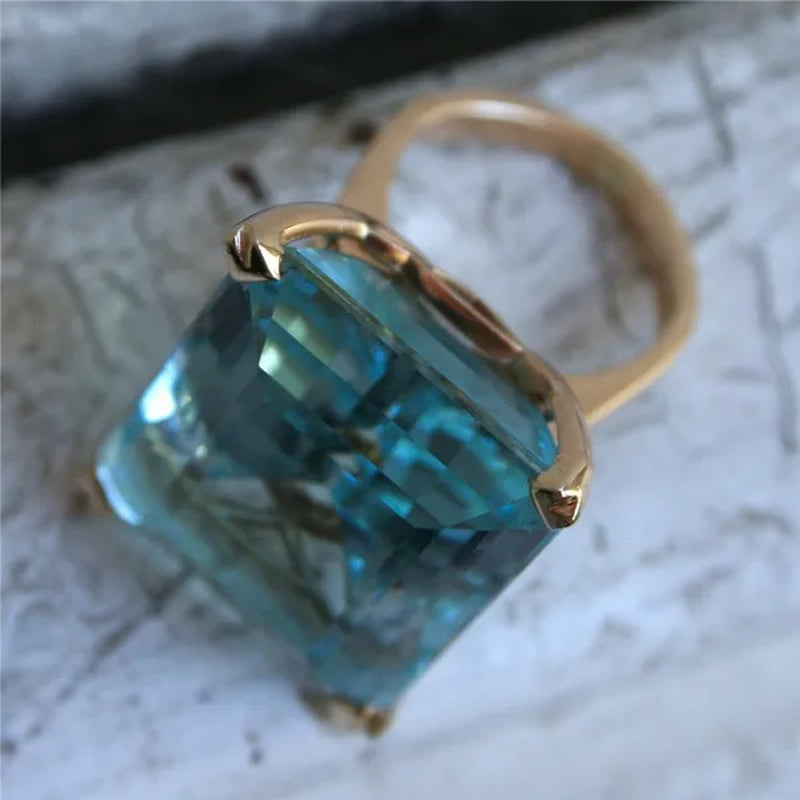 Natural Aquamarine Diamond Ring 14K Yellow Gold Women's Big Engagement Jewelry