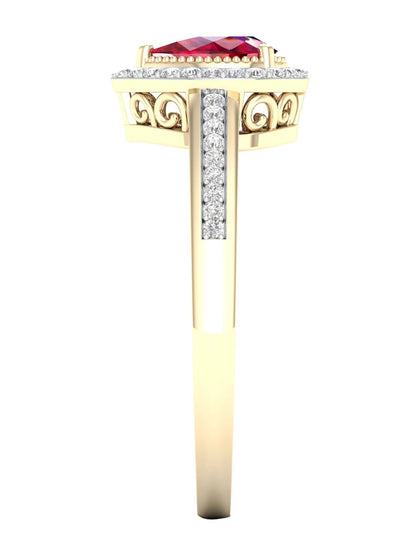 Gemstone 10K Yellow Gold Pear Ruby 1/8 CT TW Diamond Halo Women'S Ring