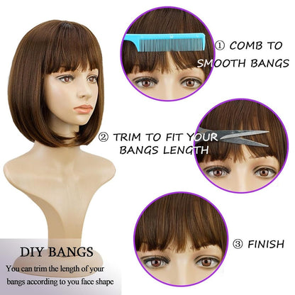 Short Bob Wig with Bangs 10 Inch Brazilian Straight Hair No Lace Front Bob Wig Human Hair Wigs for Black Women Human Hair Glueless Wear and Go Brown Colored