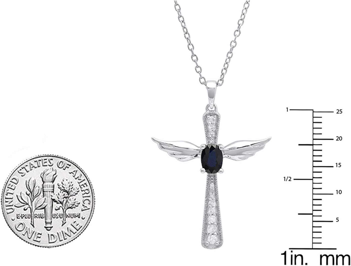 6X4 MM Oval Gemstone & round Diamond Angel Cross Pendant (Silver Chain Included), Sterling Silver - WORLD TIME VISITS