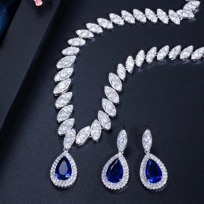 Gloriya Gorgeous Platinum Plated Party Jewelry Paved Indian Red Cubic Zirconia Crystal Big Tear Drop Necklace Earrings Set for Female Evening
