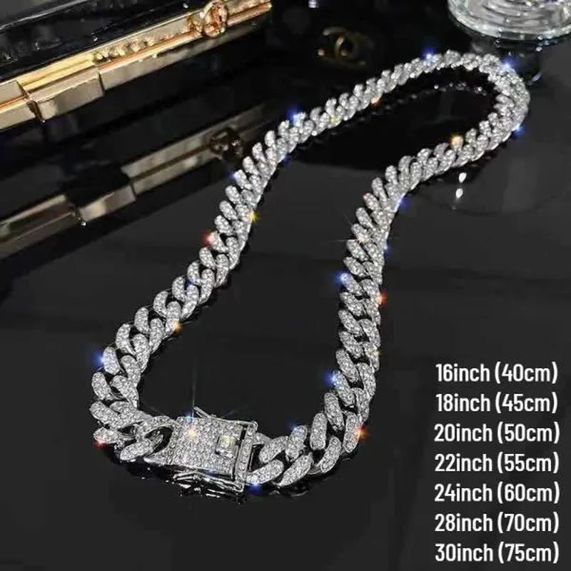 A Set(Bracelet+Necklace) 13MM Width Cuban Link Chain Gold Silver Plated Bling Miami Cuban Necklace Bracelet Diamond Chain for Fashion Men and Women Iced Out Hip Hop Jewelry Set - WORLD TIME VISITS