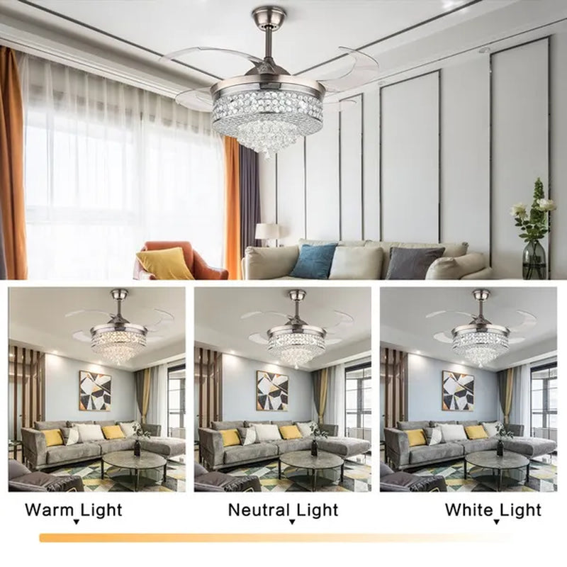 42'' Modern Invisible Telescopic Ceiling Fan Light LED Chandelier with Remote Control Silver