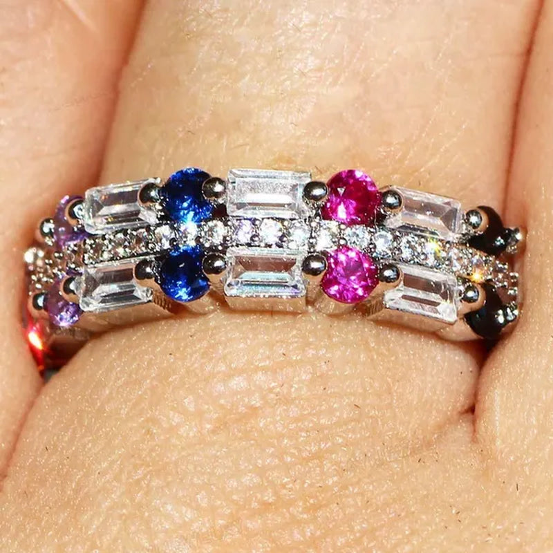 Silver Natural Gemstones Ring White Sapphire Wedding Birthstone Bride Engagement Square Brand Crown Cross Ring Jewelry Size 6 7 8 9 10
