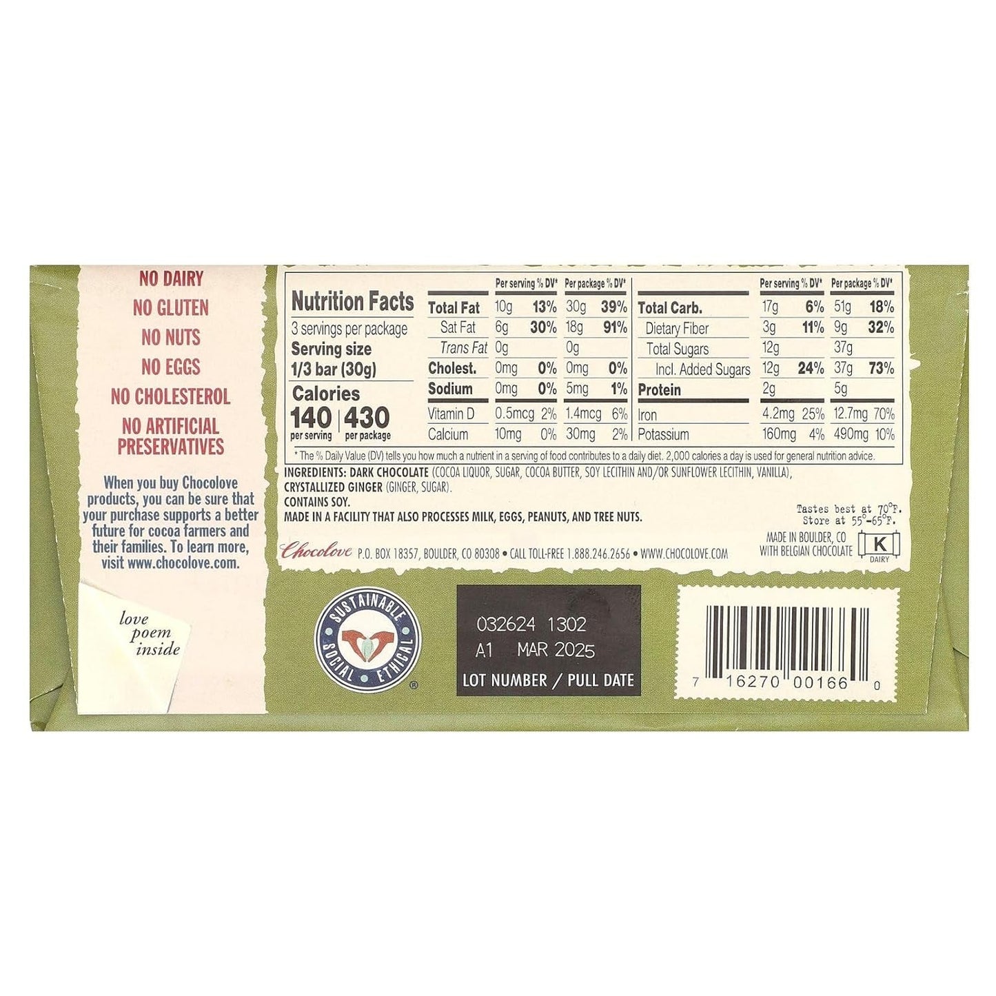 Chocolate Bar Dark Ginger Crystalized, 3.2 Oz