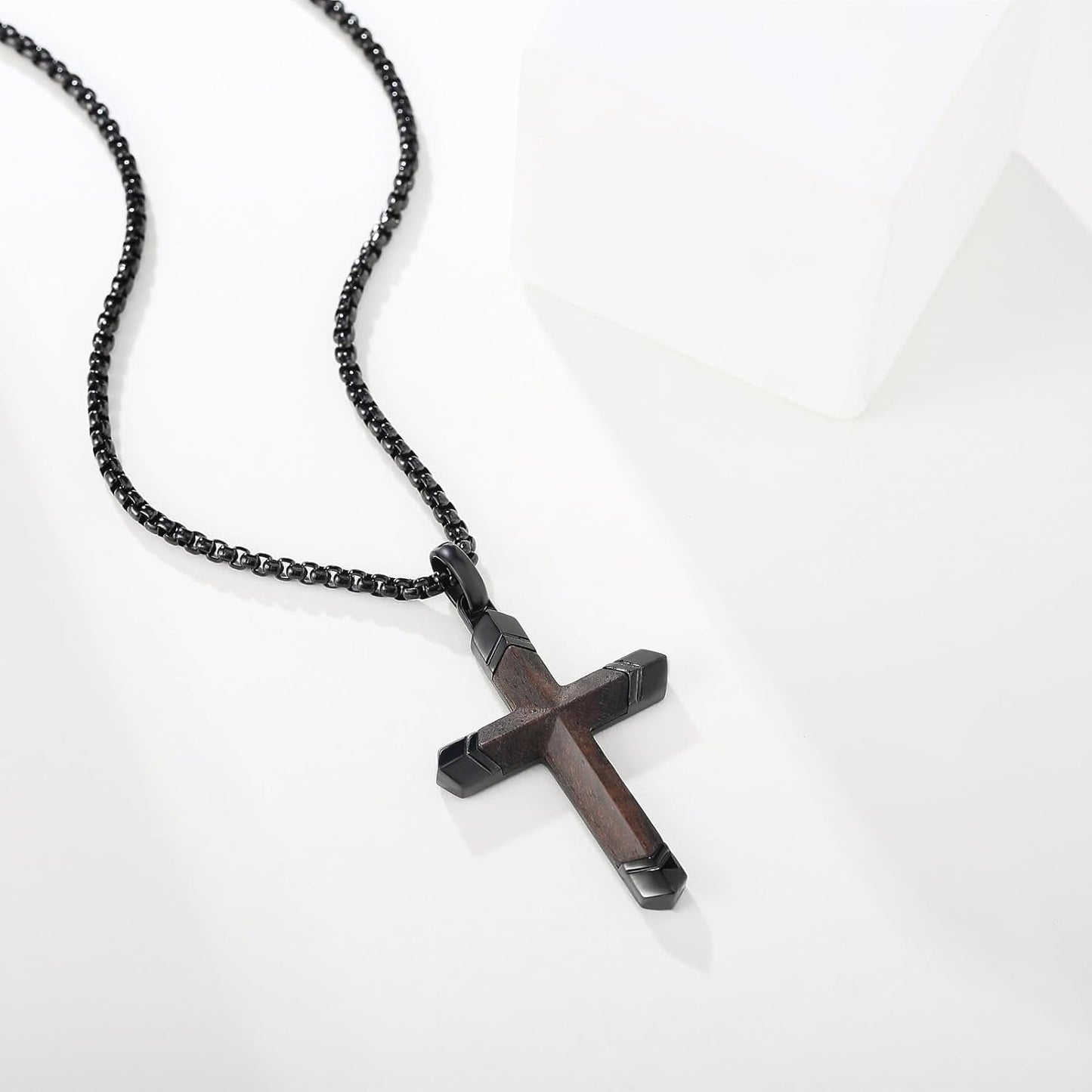 Wooden Cross Necklace for Men, Real Ebony Inset in Black Stainless Steel Christian Wood Crucifix Pendant, Includes Necklace 24" Box Chain