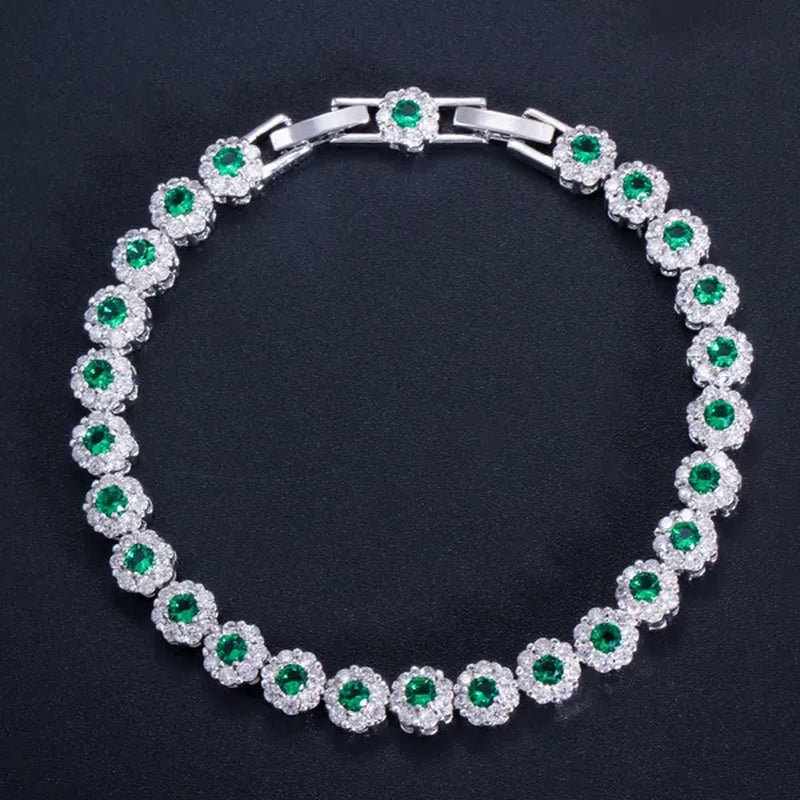 Gloriya Exquisite Silver Plated Fashion Hand Jewelry Pave Twinkling Multi Color Cubic Zirconia Crystal Party Flower Tennis Bracelet for Women (Free Extension)