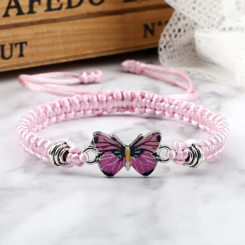 Women Black Woven Rope Bracelet Handmade Multicolor Butterfly Charm Adjustable Bracelets Fashion Friendship Jewelry Girls Gift