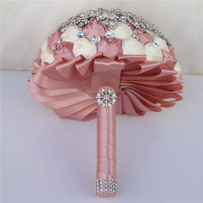 21CM Creative Handmade Diamond Flower Brooch Bouquet Ribbon Silk Rose Wedding Flower Bridal Bouquet Bridesmaid Holding Flowers