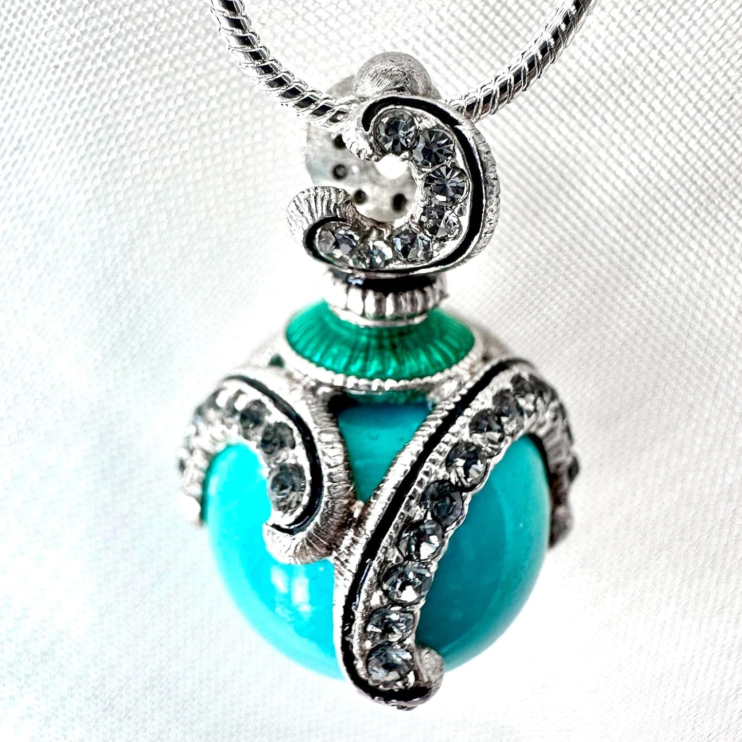 Sterling Silver Necklace Turquoise Pendant Black Diamond Crystals Enamel 24 Inch Chain