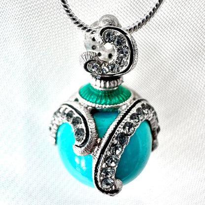 Sterling Silver Necklace Turquoise Pendant Black Diamond Crystals Enamel 24 Inch Chain