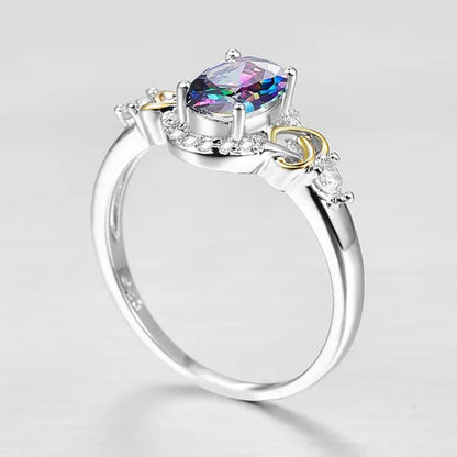 Fashion Wedding Bride Oval Cut Rainbow Blue Topaz Sapphire Ruby Gemstone Jewelry Ring