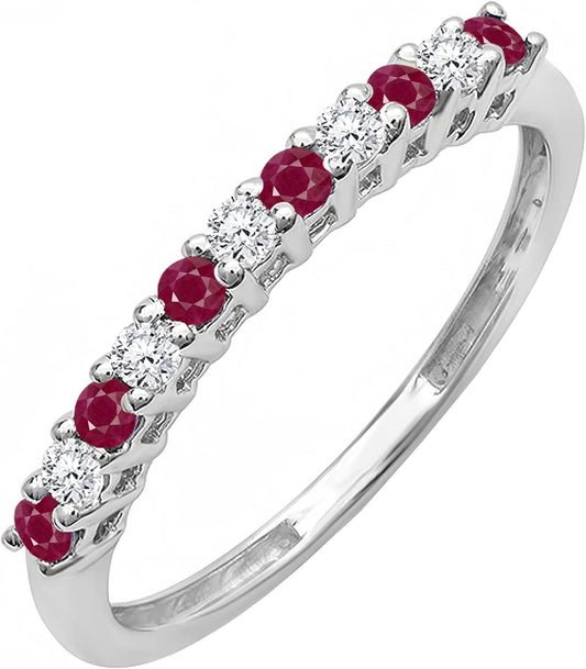 round Alternate Ruby & White Diamond Vintage Style Stackable Wedding Band for Her in 14K White Gold Size 7