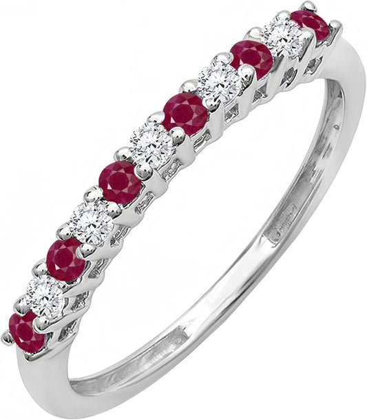round Alternate Ruby & White Diamond Vintage Style Stackable Wedding Band for Her in 14K Solid White Gold Size 7