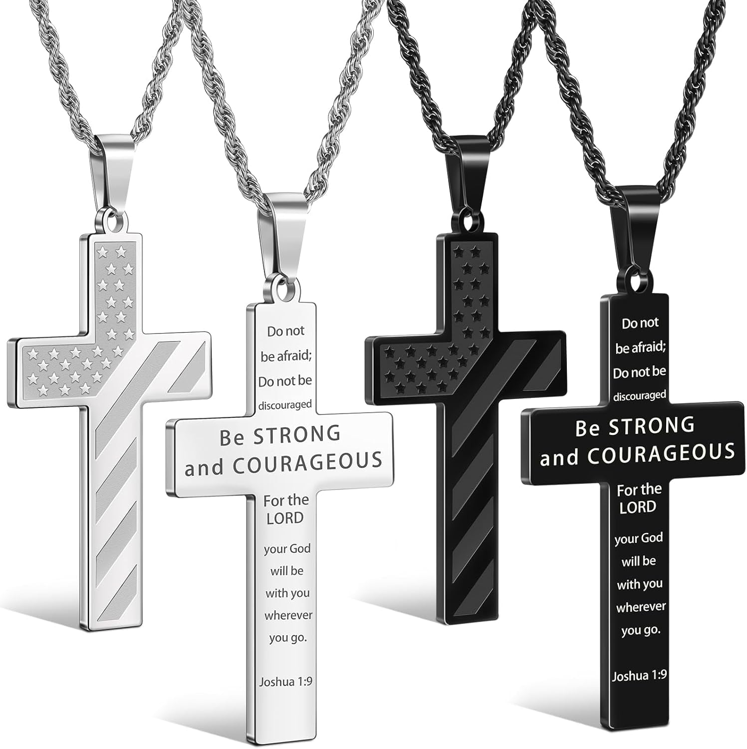 2Pcs Valentines Day Gifts Cross Necklace for Men Boys, Bible Verse Stainless Steel Silver Black American Flag Chains for Men Pendant Jewelry Box - WORLD TIME VISITS