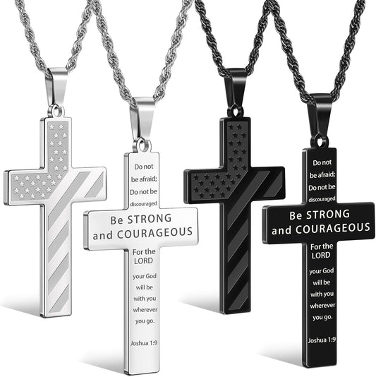 2Pcs Valentines Day Gifts Cross Necklace for Men Boys, Bible Verse Stainless Steel Silver Black American Flag Chains for Men Pendant Jewelry Box - WORLD TIME VISITS