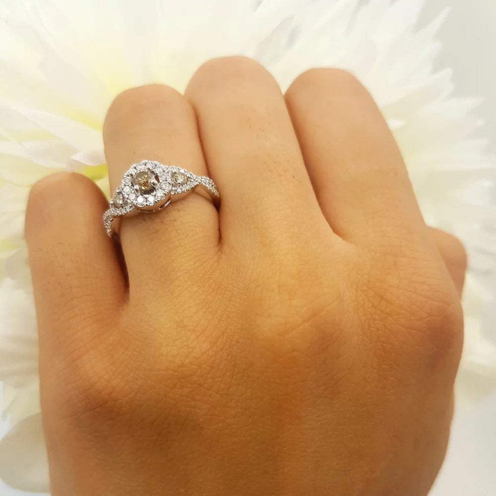 0.50 Carat (Ctw) 10K Gold round Champagne & White Diamond 3 Stone Halo Bridal Engagement Ring 1/2 CT