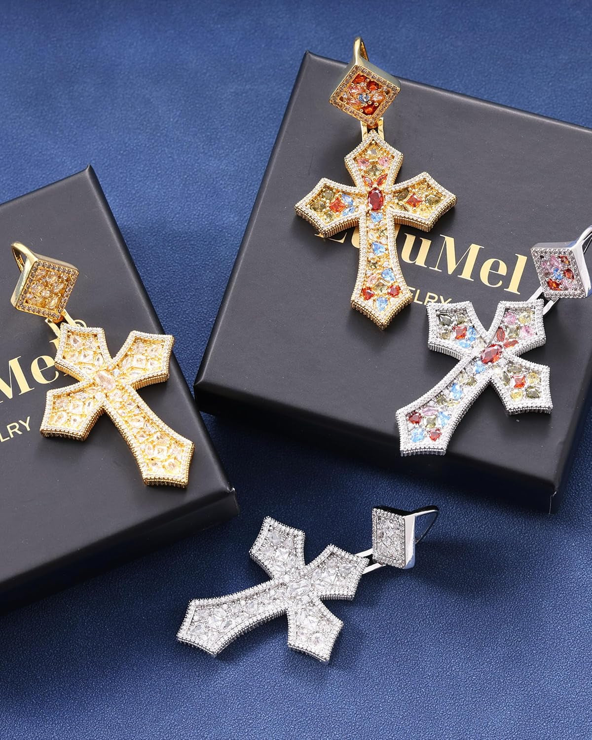 Iced Out Colorful Rhomboic Cross Pendant Necklace, Trendy White Gold Hip Hop Cubic Zirconia Oval Diamond Cross Pendant Faith Jesus Necklace Gift