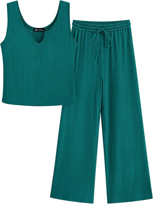 Women'S Summer Casual Two Piece Outfits Sweatsuits Tank Scoop Neck Ribbed Knit Long Pants Tracksuits