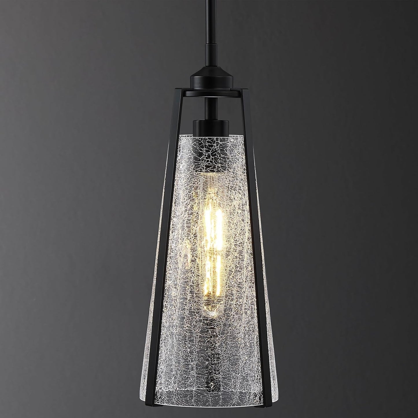 Crackle Glass Pendant Lights Black Hanging Ceiling Light Fixtures 14" Farmhouse Chandelier Adjustable Metal Cord for Dining Room Kitchen Island Bedroom Foyer, T10 Bulb Included
